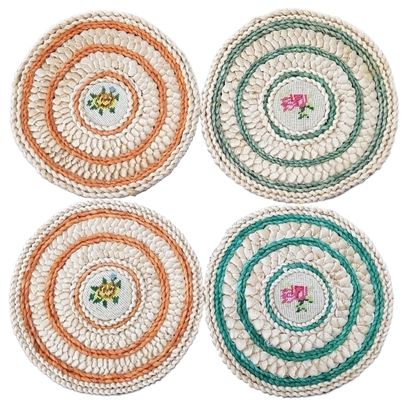 1980s Woven Rattan and Needlepoint Large Trivets - Picture 1 of 9